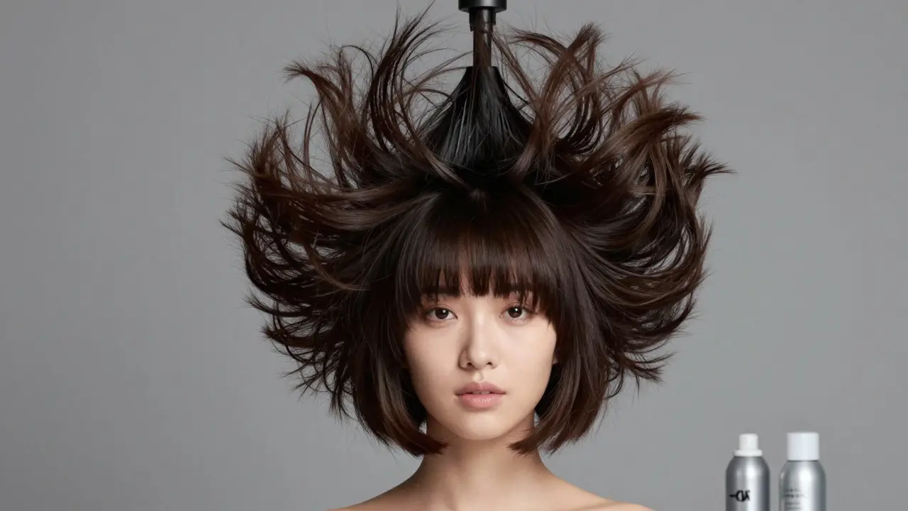 Stacked bob blow-dried upside down, creating lifted roots and fullness.