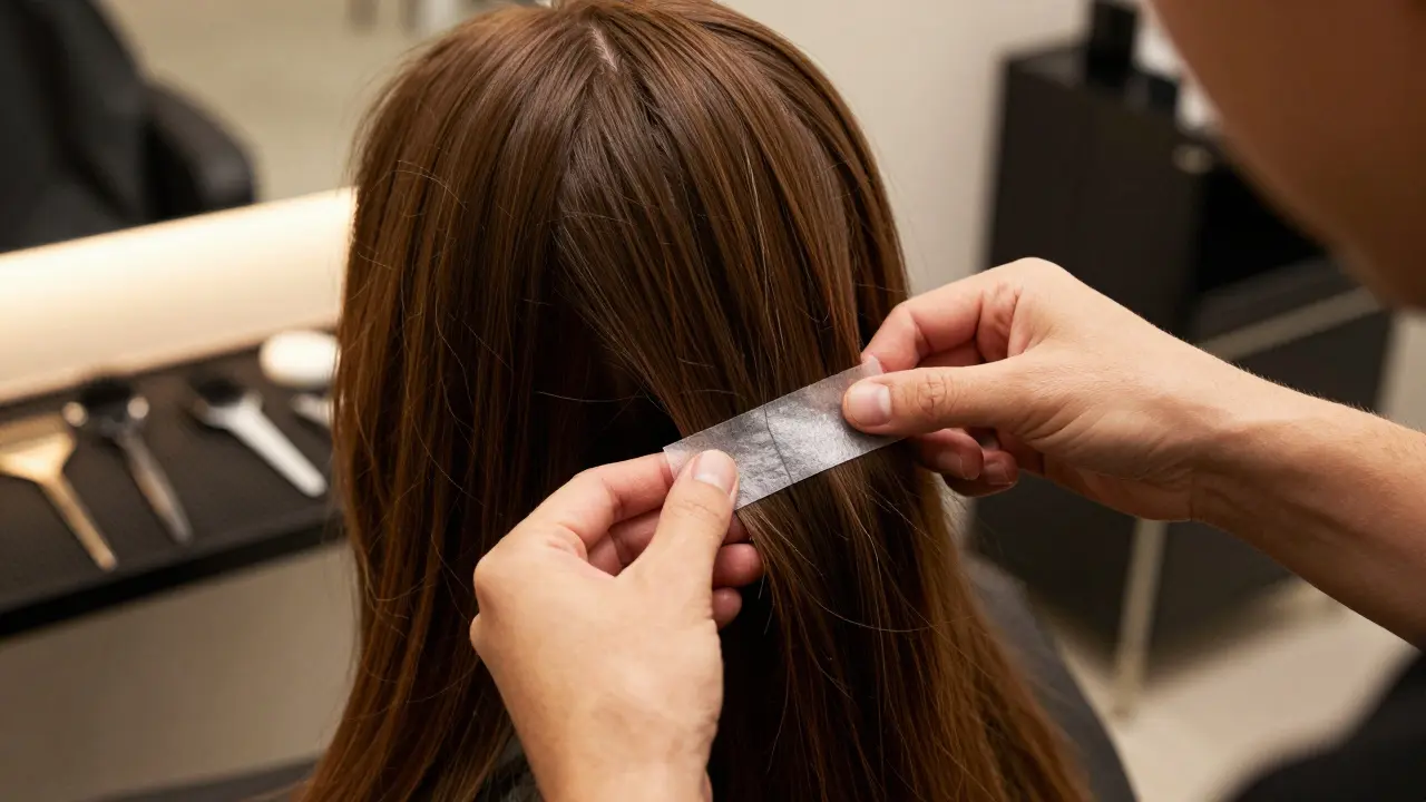 Stylist applying invisible tape-in hair extension within salon setting