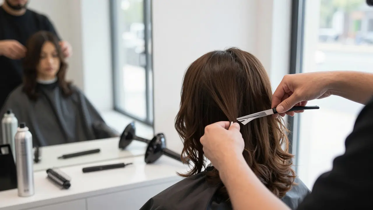 Stylist cutting layered side-swept waves in a modern salon, tools and mirror visible.