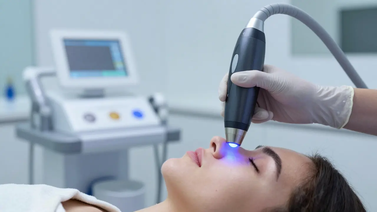 Technician using a laser hair removal device on a patients face