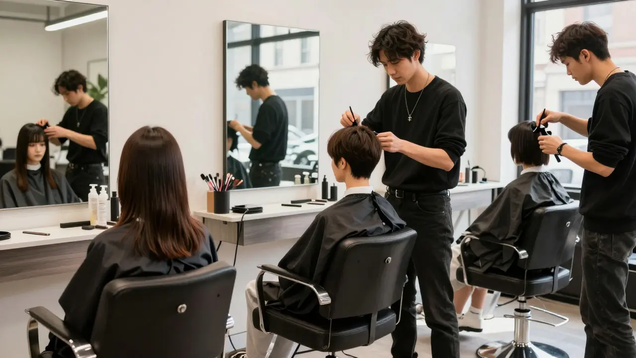 Three different modern hairstyles being styled in a New York salon with natural light and mirrors.