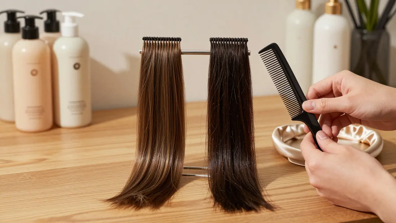 Two hair wefts compared side by side — single versus double — with styling tools nearby.