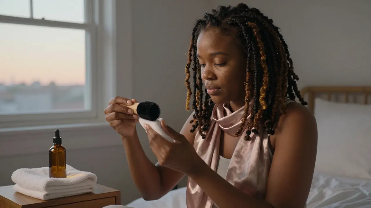 Woman gently palm-rolling mature locs in a sunlit bedroom, satin scarf and moisturizer nearby.