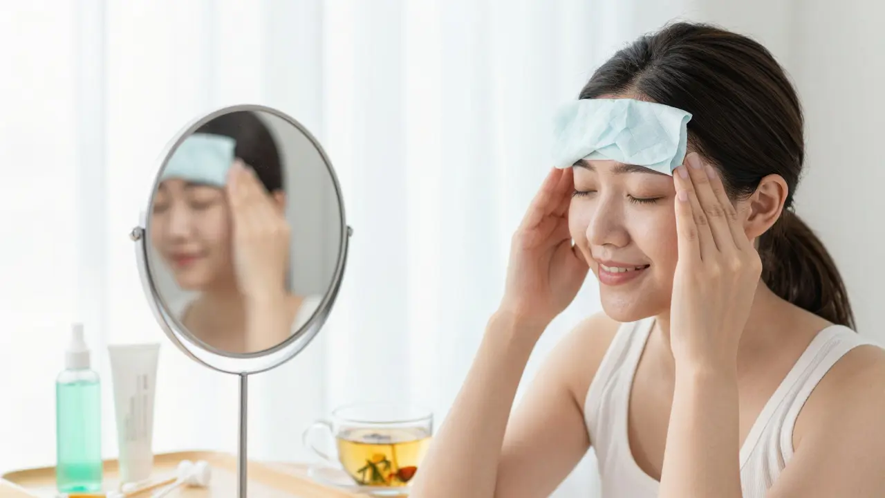 Woman smiling after threading, holding cold compress, with neatly shaped eyebrows in mirror