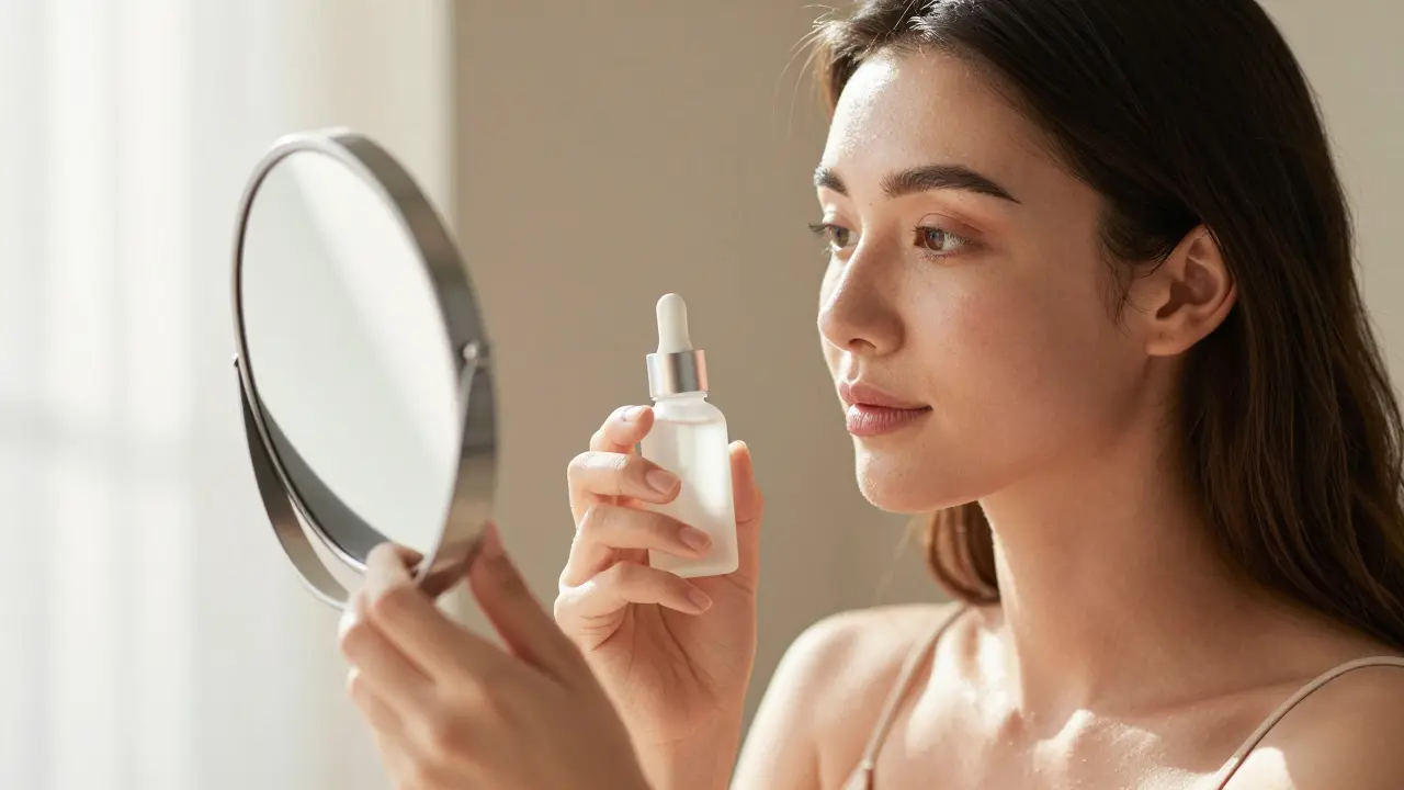 Woman smiling at mirror with clear glowing skin after treatment