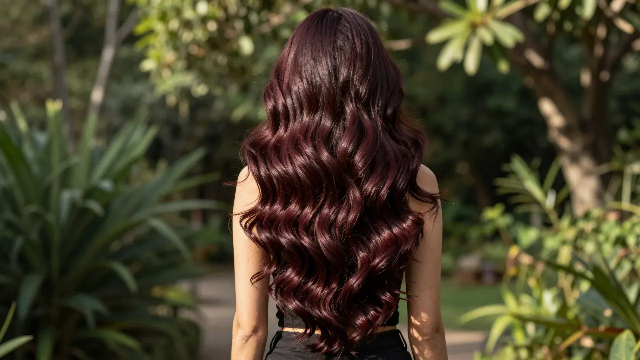 Woman with long waist-length hair outdoors