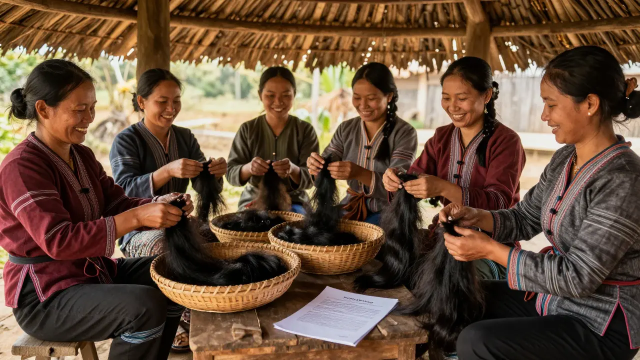Women in rural Vietnam carefully bundling their hair for fair payment in a traditional setting.