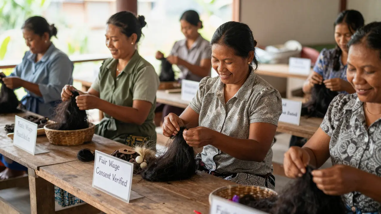 Women in Vietnam sorting and bundling human hair in a fair-trade cooperative.
