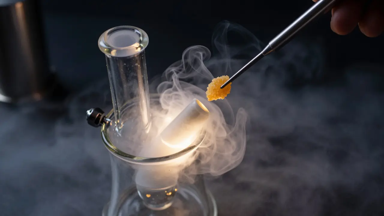 A close-up of a glass dab rig with vapor swirling around the mouthpiece.