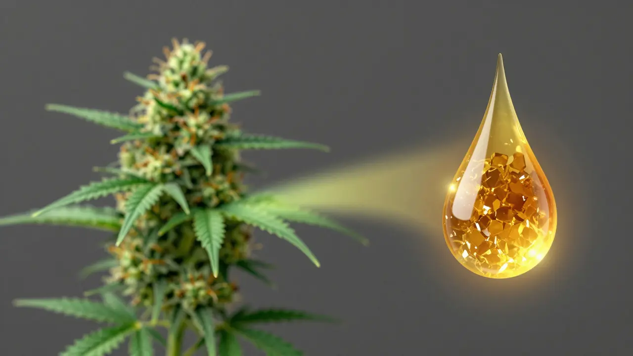 Artistic comparison between a cannabis flower and a potent drop of gold wax.