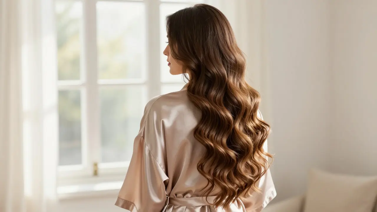 Back view of a woman with long, voluminous, seamlessly blended wavy hair extensions
