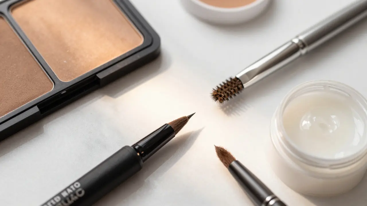 Brow makeup tools including pencil and powder on marble.