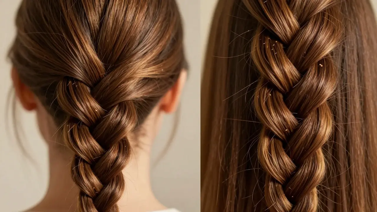Close-up of a sleek braid versus a braid with shorter hairs poking out
