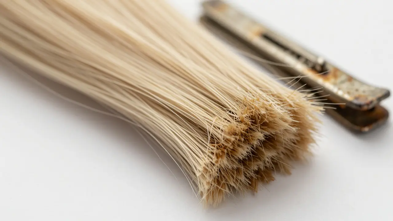 Close-up of frayed and damaged ends of hair extensions showing signs of wear