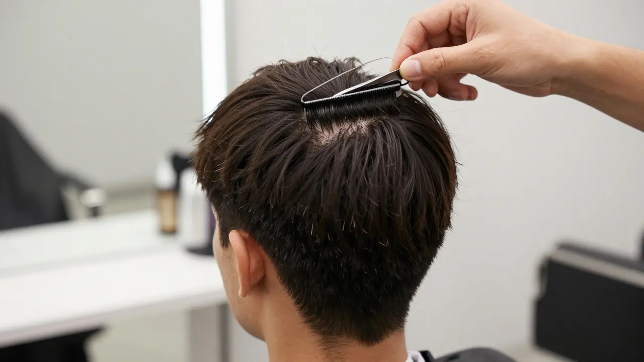 Close-up of hair extension tracks being strategically placed on short hair