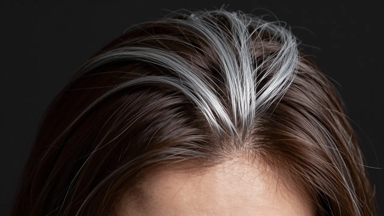 Close-up of silver hair roots contrasting against dark brown dyed hair