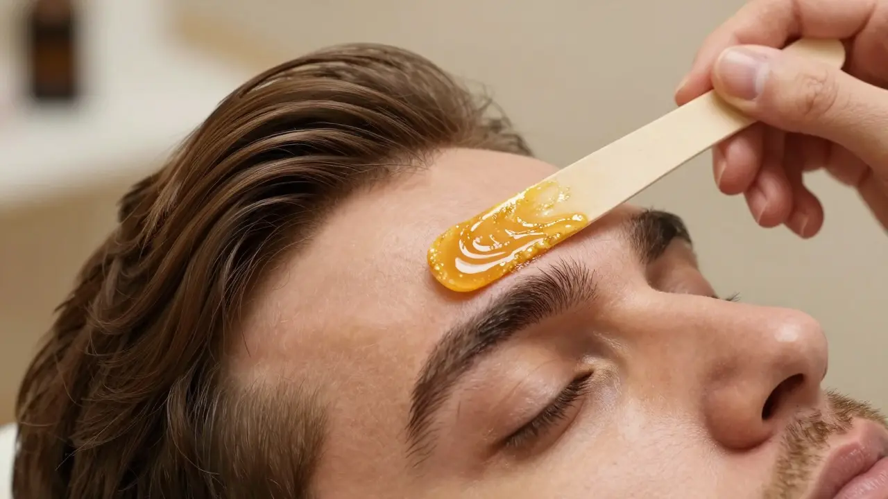 Close-up of warm wax being applied to a man's eyebrow in a professional salon