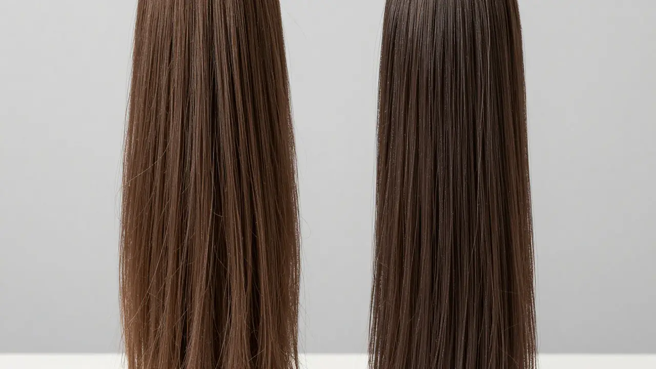 Comparison between natural raw human hair and synthetic hair extensions