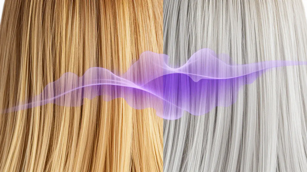 Comparison of brassy gold hair and cool platinum hair with a purple transition.
