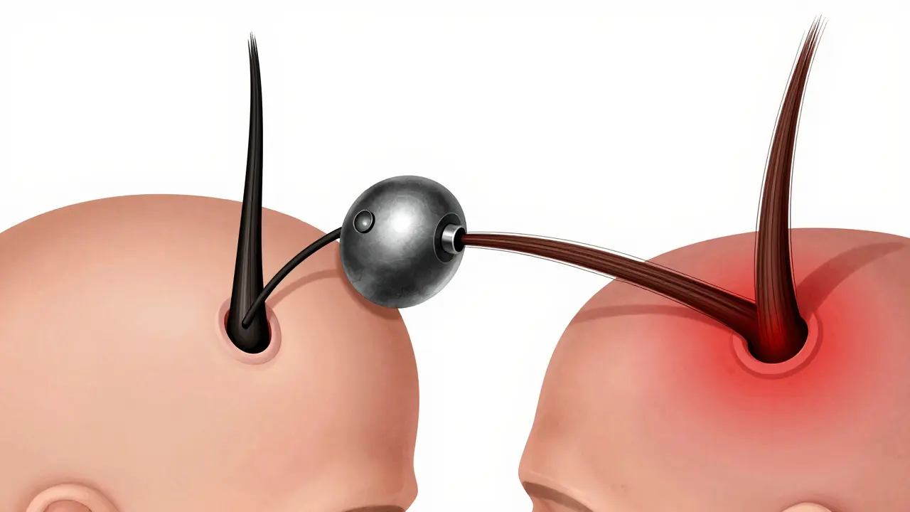 Conceptual diagram of a hair follicle under tension from heavy extensions