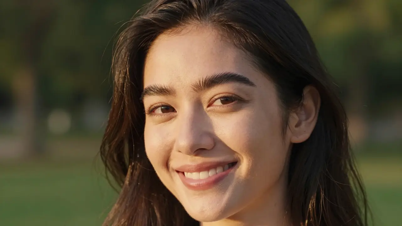 Confident woman with groomed natural eyebrows outdoors.