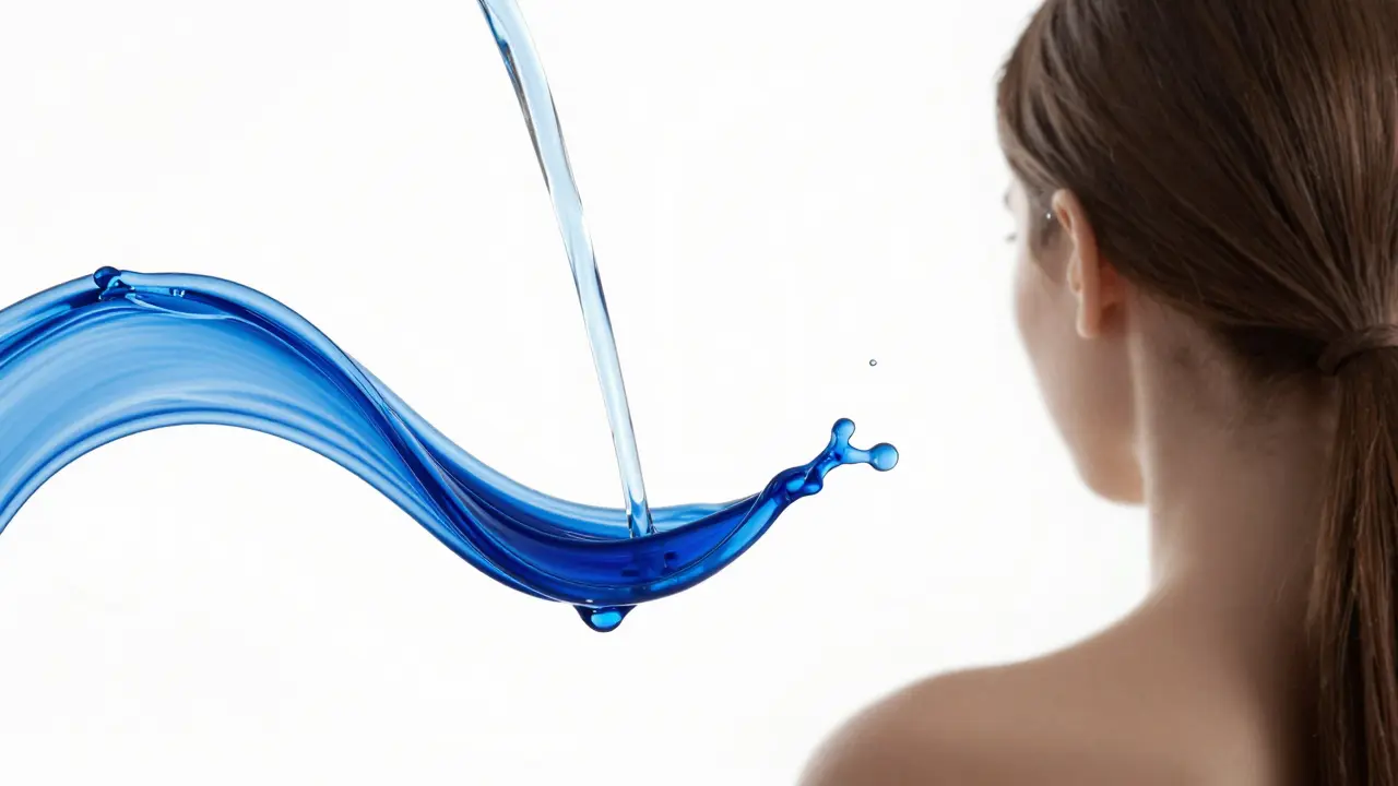 Dynamic splash of blue shampoo and water with brunette hair in background