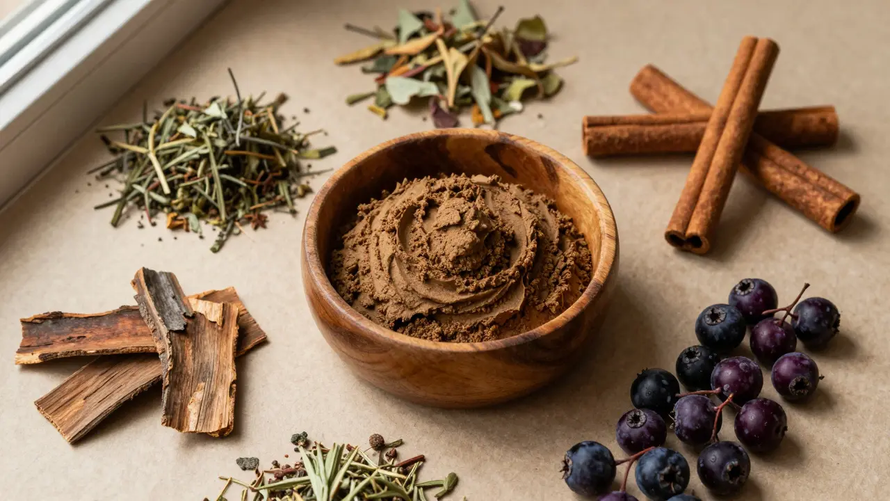 Flat lay of plant-based hair dye ingredients including herbs, bark, and berries.