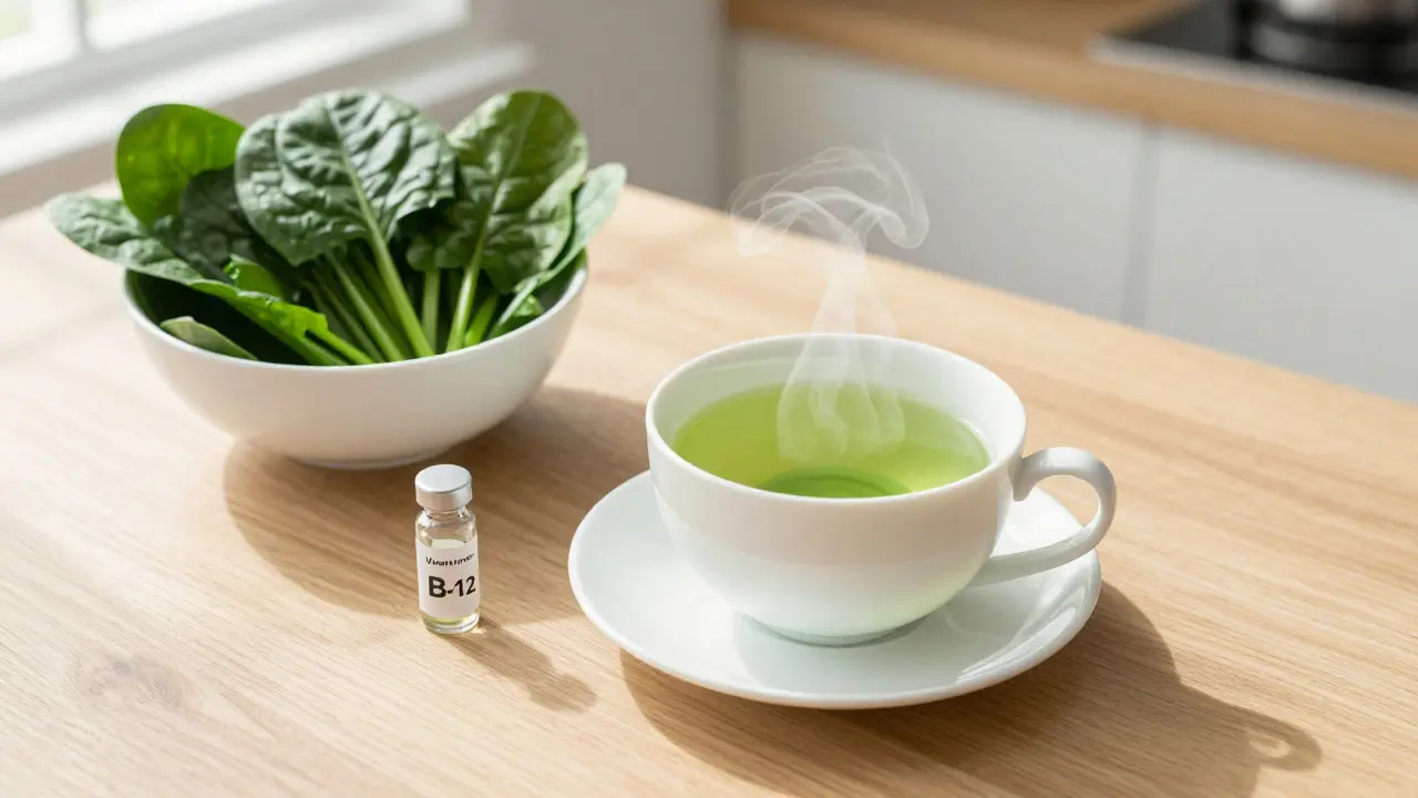 Green tea and leafy vegetables on a table representing nutrients for hair health