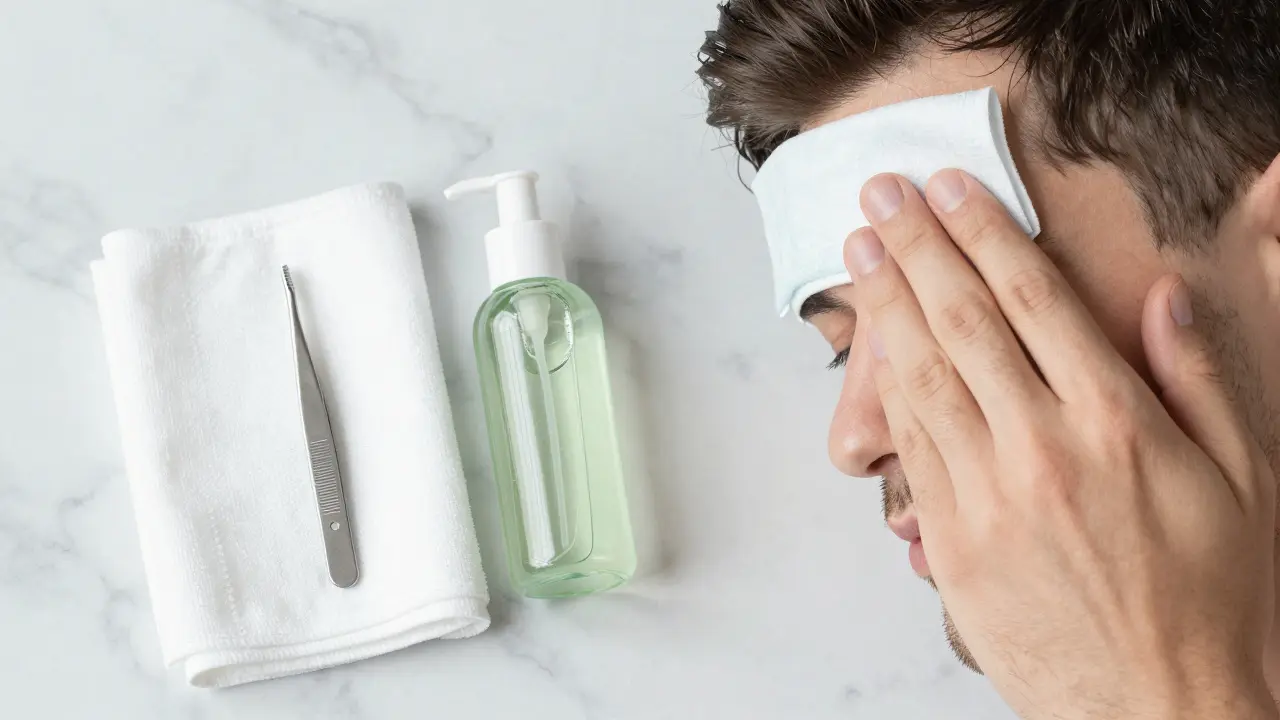 Grooming kit with tweezers and aloe vera gel next to a man soothing his brows