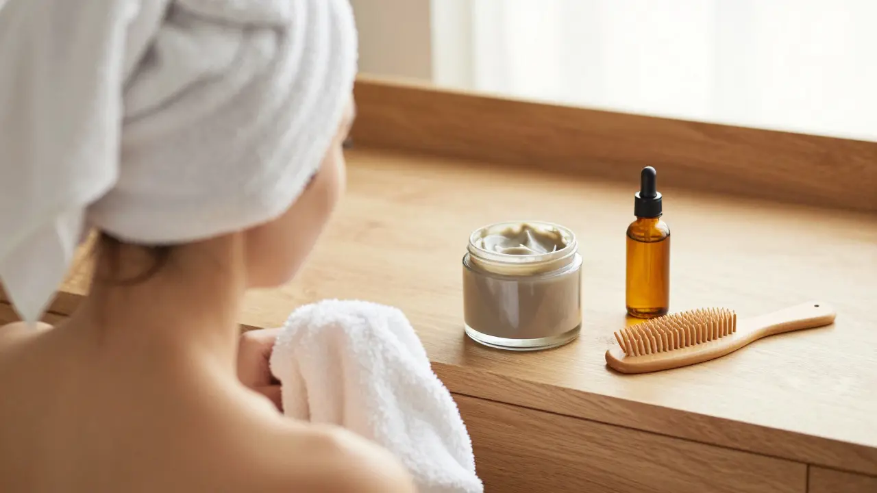 Hair care products and a towel-wrapped head representing a hair recovery period.