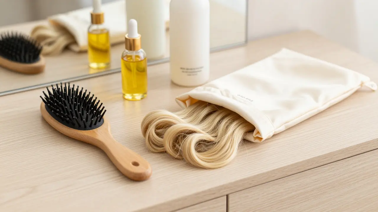Hair extensions stored neatly in a silk bag with a detangling brush on a vanity