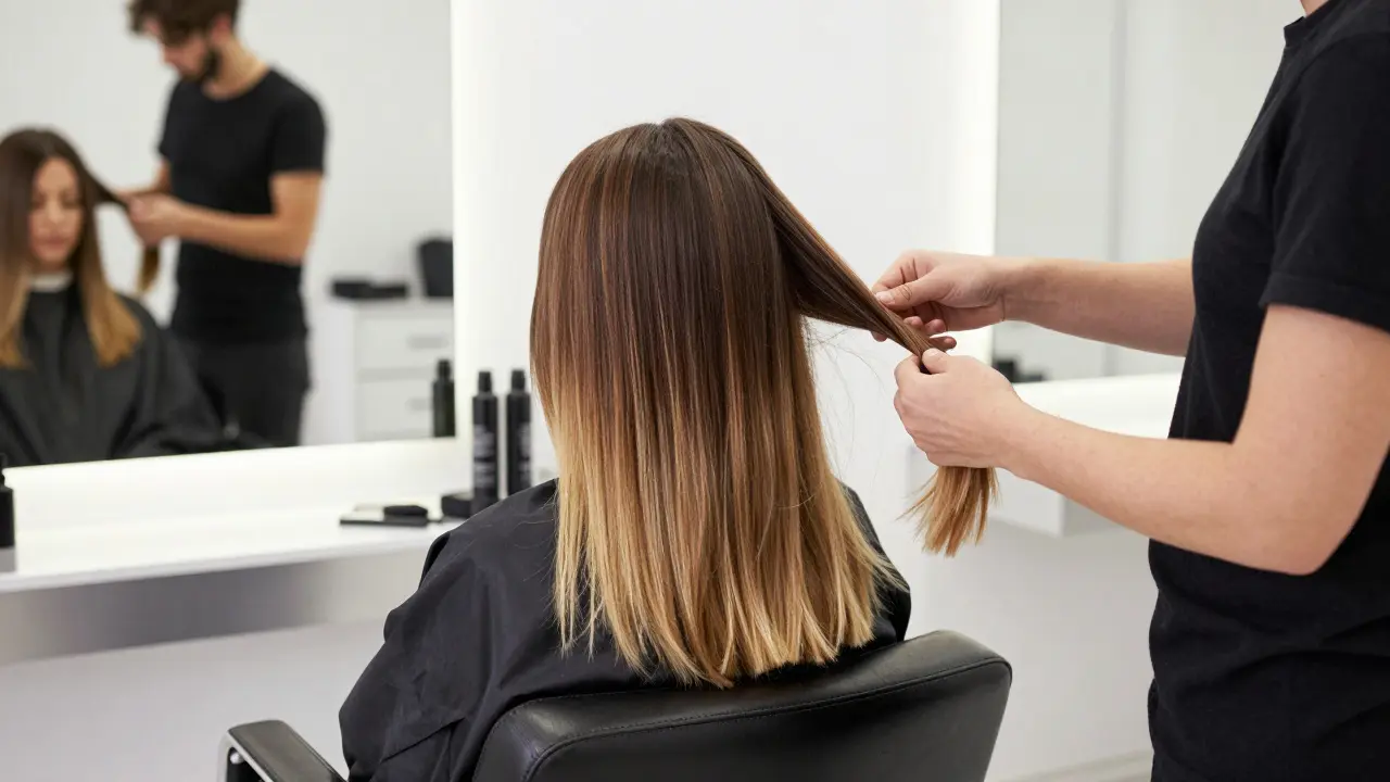 Hair stylist applying light brown balayage highlights to dark brown hair