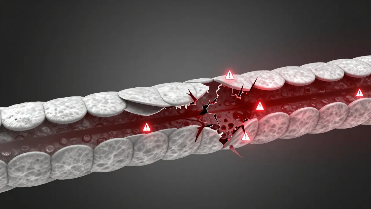 Microscopic view of a damaged hair shaft with lifted cuticles and red stress markers.