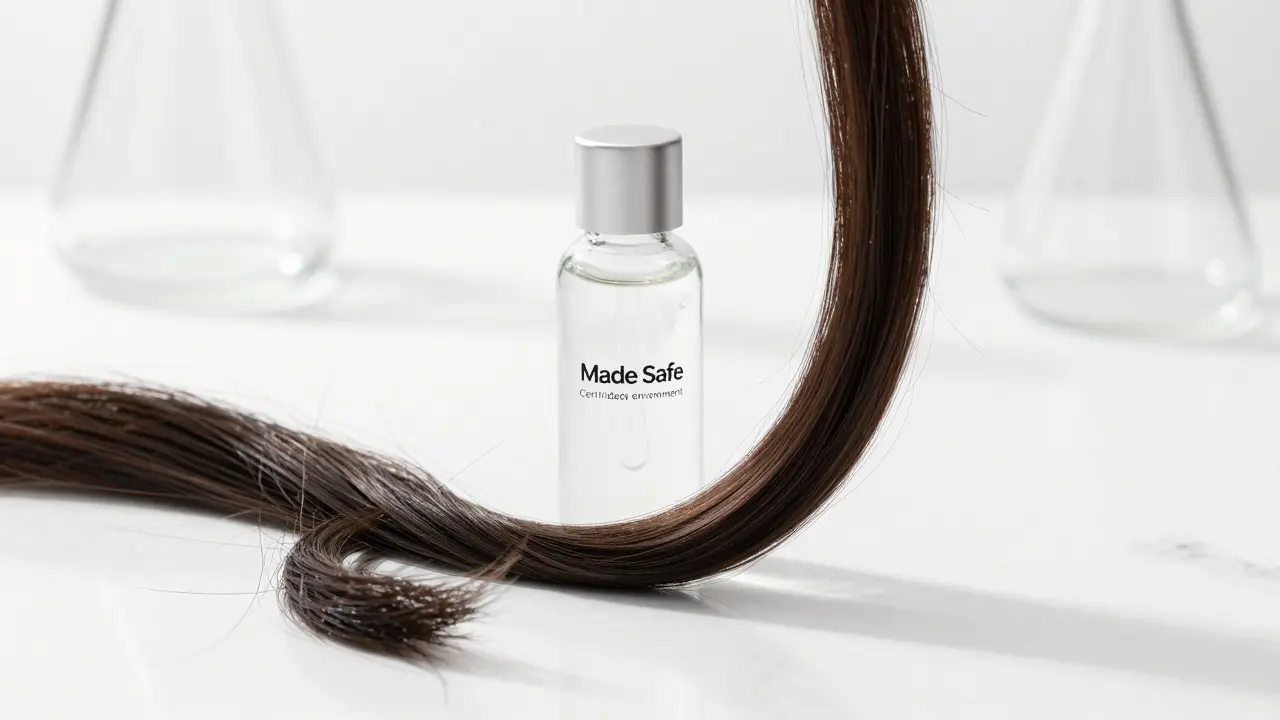 Minimalist glass bottle and a healthy brunette hair strand representing repigmentation.