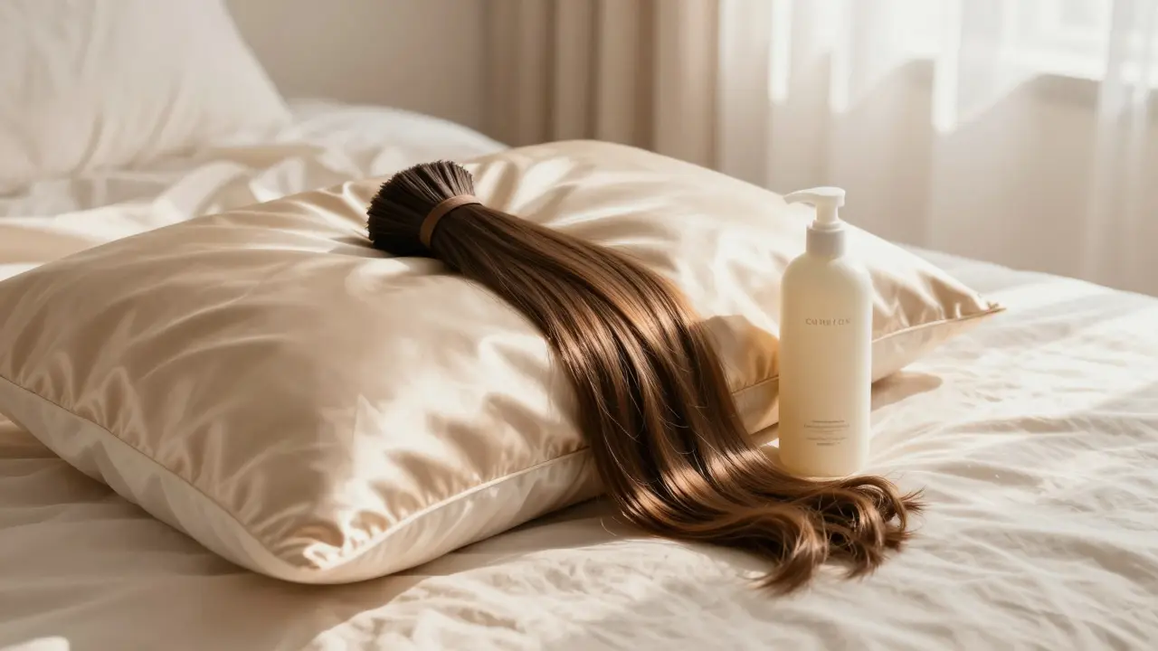 Natural hair extensions resting on a silk pillowcase next to sulfate-free shampoo