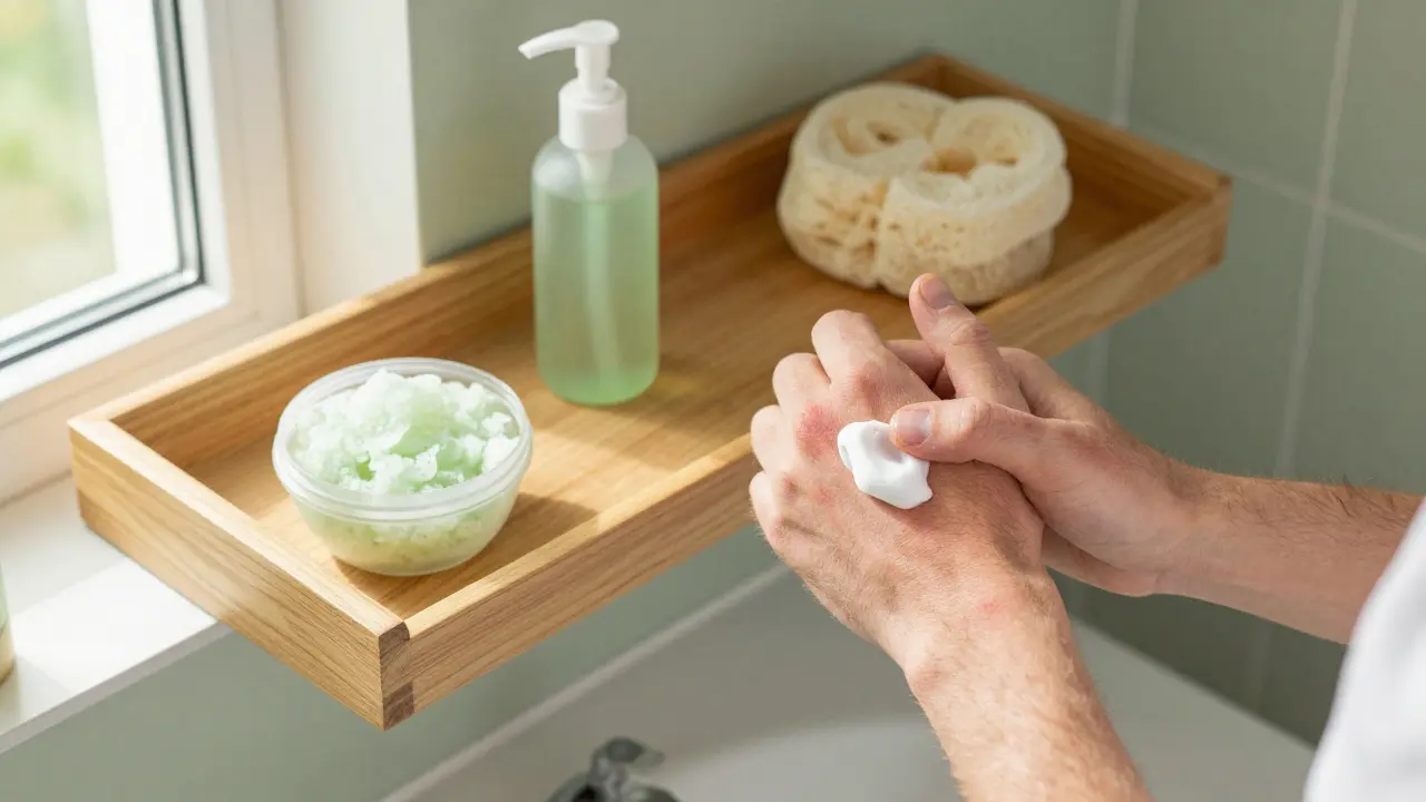 Post-waxing skincare products including exfoliating scrub and aloe vera gel on a bathroom shelf