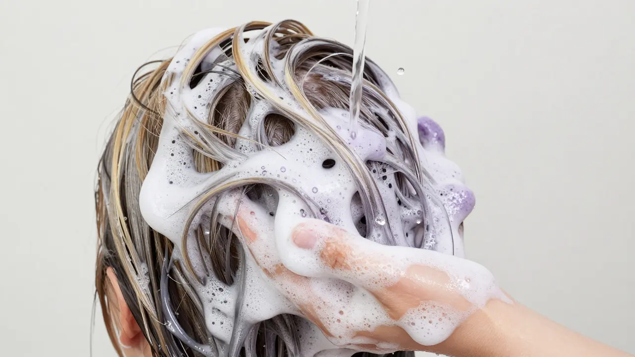 Purple shampoo lather being rinsed out of blonde and silver hair with water droplets.