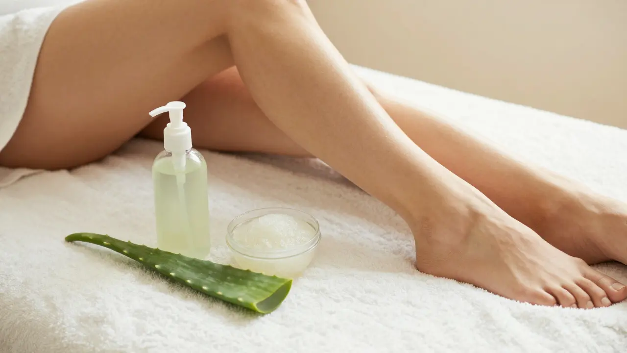 Smooth skin on a white towel next to aloe vera gel and an exfoliating scrub.