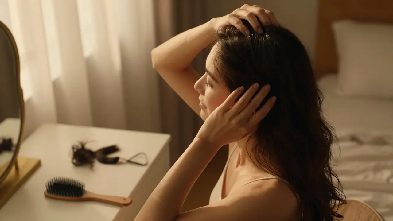 Woman massaging her scalp after removing clip-in hair extensions in a bedroom