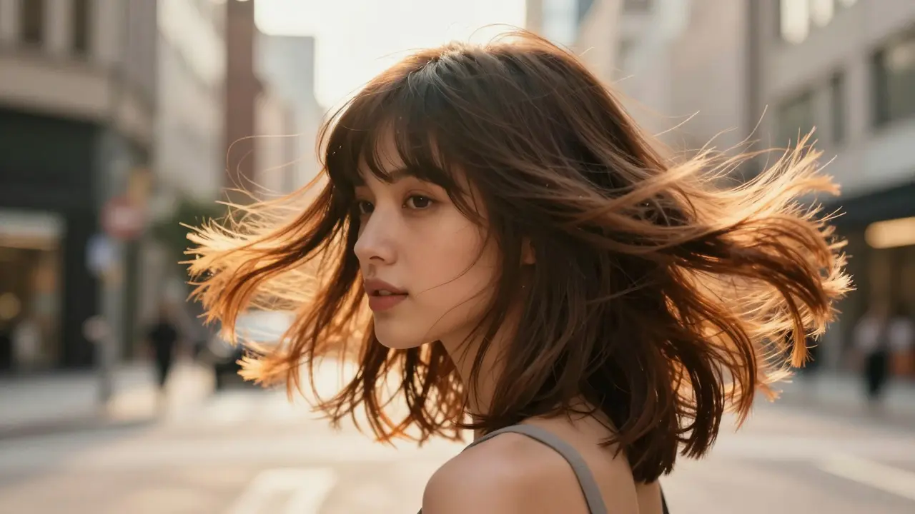 Woman showing a high-volume butterfly cut with layers flipped outwards.