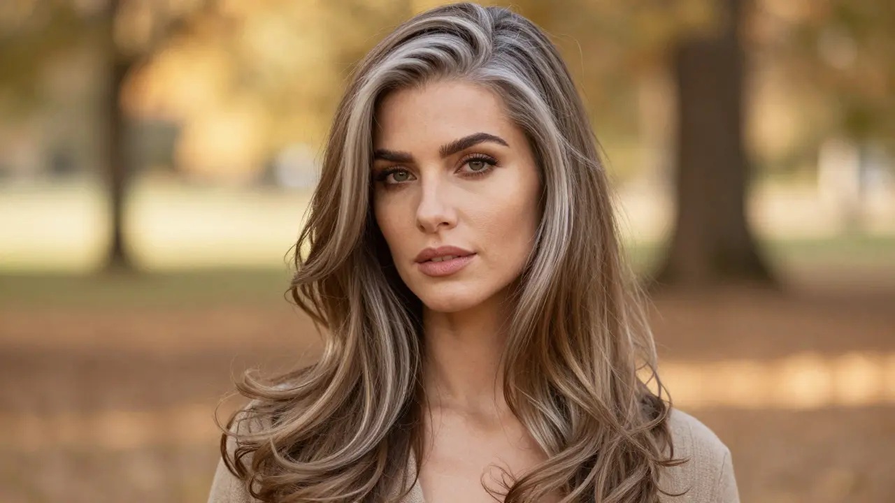 Woman with a successful blend of light brown hair and silver highlights