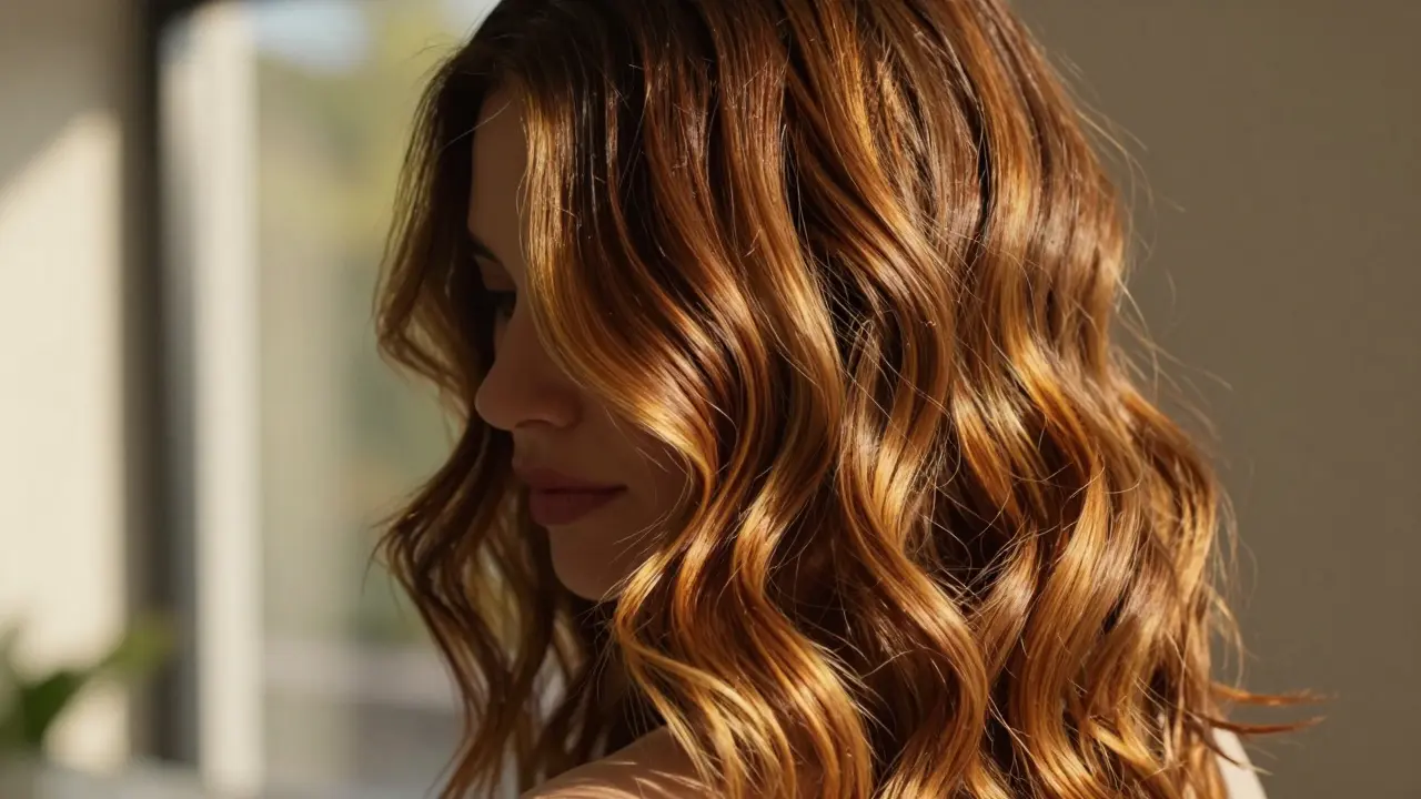 Woman with medium brown hair featuring caramel and amber balayage highlights in sunlight.
