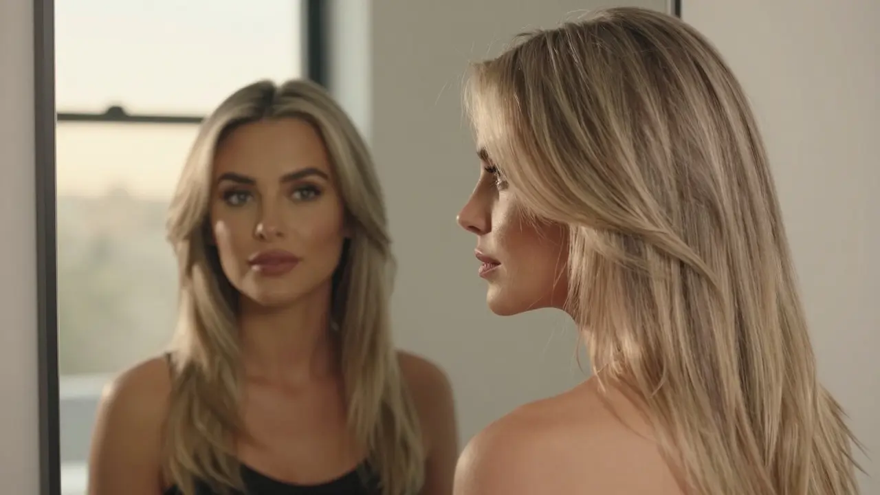 Woman with polished, ash-blonde balayage hair reflecting in a mirror