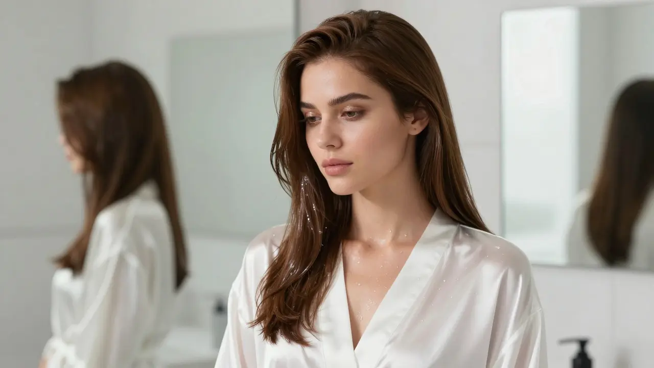Woman with shiny, glossy espresso brown hair and a healthy glow