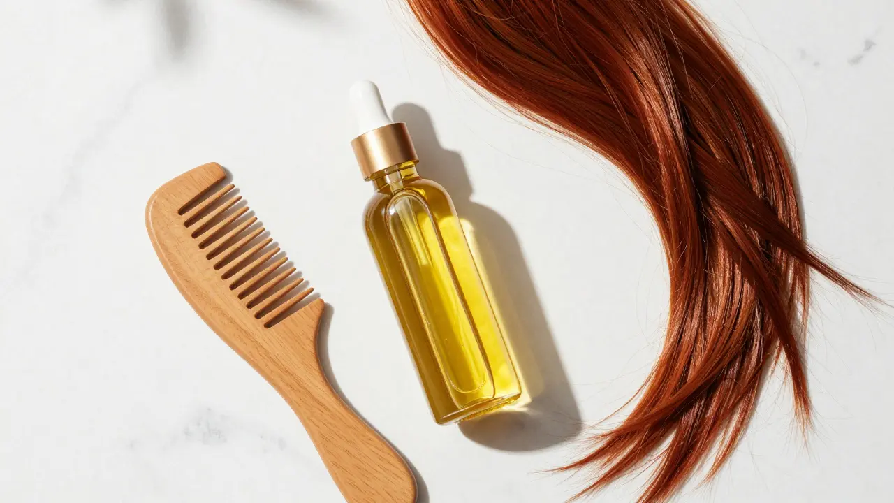 Argan oil bottle and red hair strands on a marble surface.