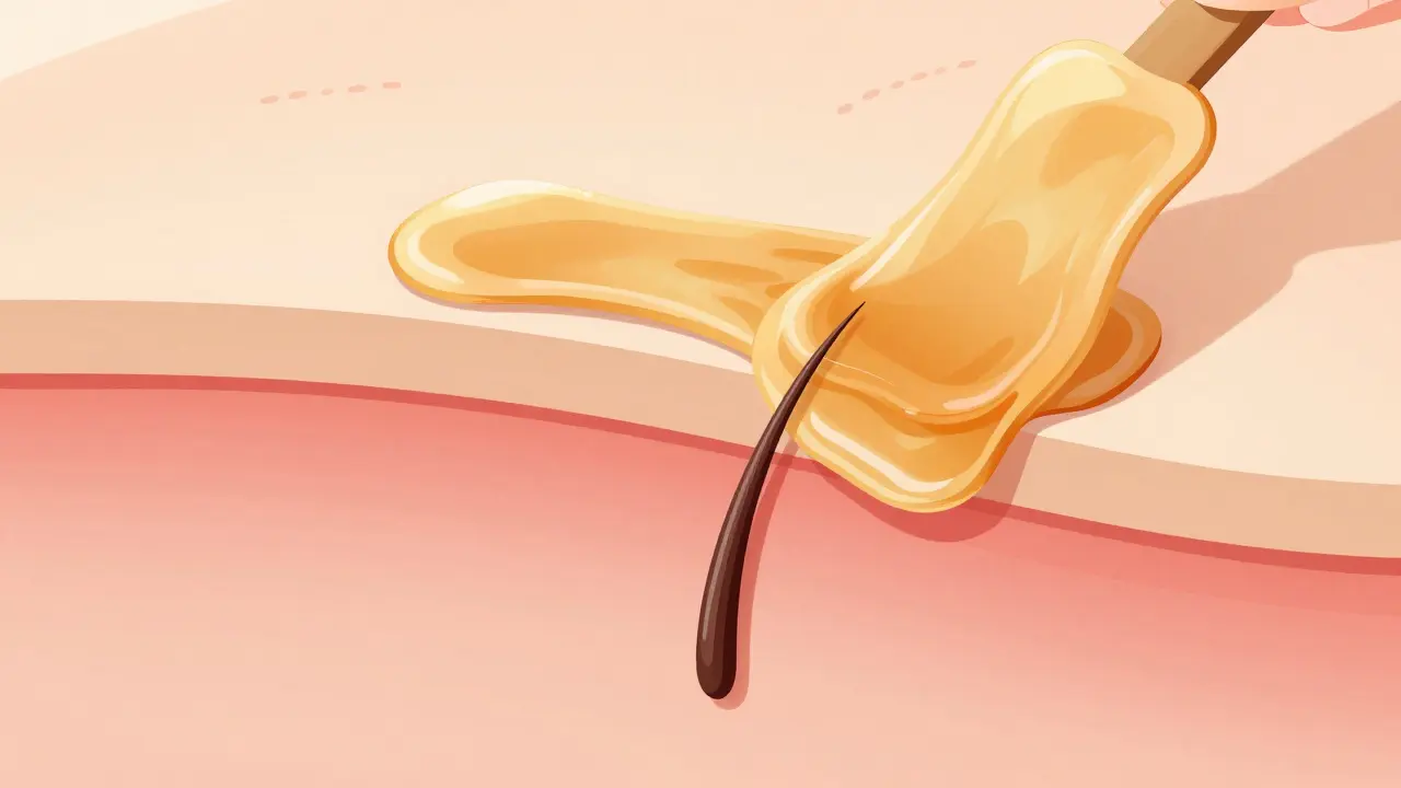 Artistic illustration of wax pulling hair roots and affecting skin layers.