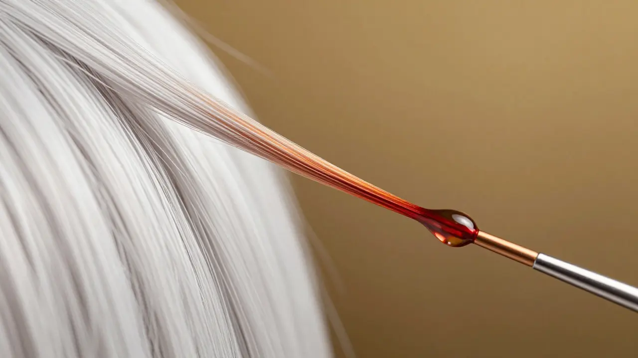 Bleached hair strand absorbing warm copper pigment drops macro shot