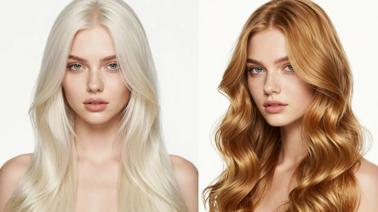 Close-up comparison of buttery platinum and honey blonde hair colors in studio