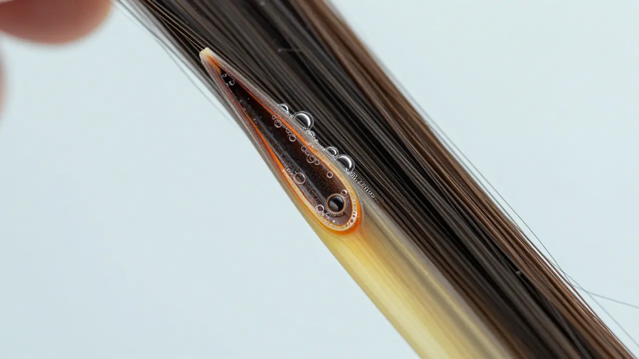 Close-up illustration of bleach lifting dark pigment from hair shaft structure