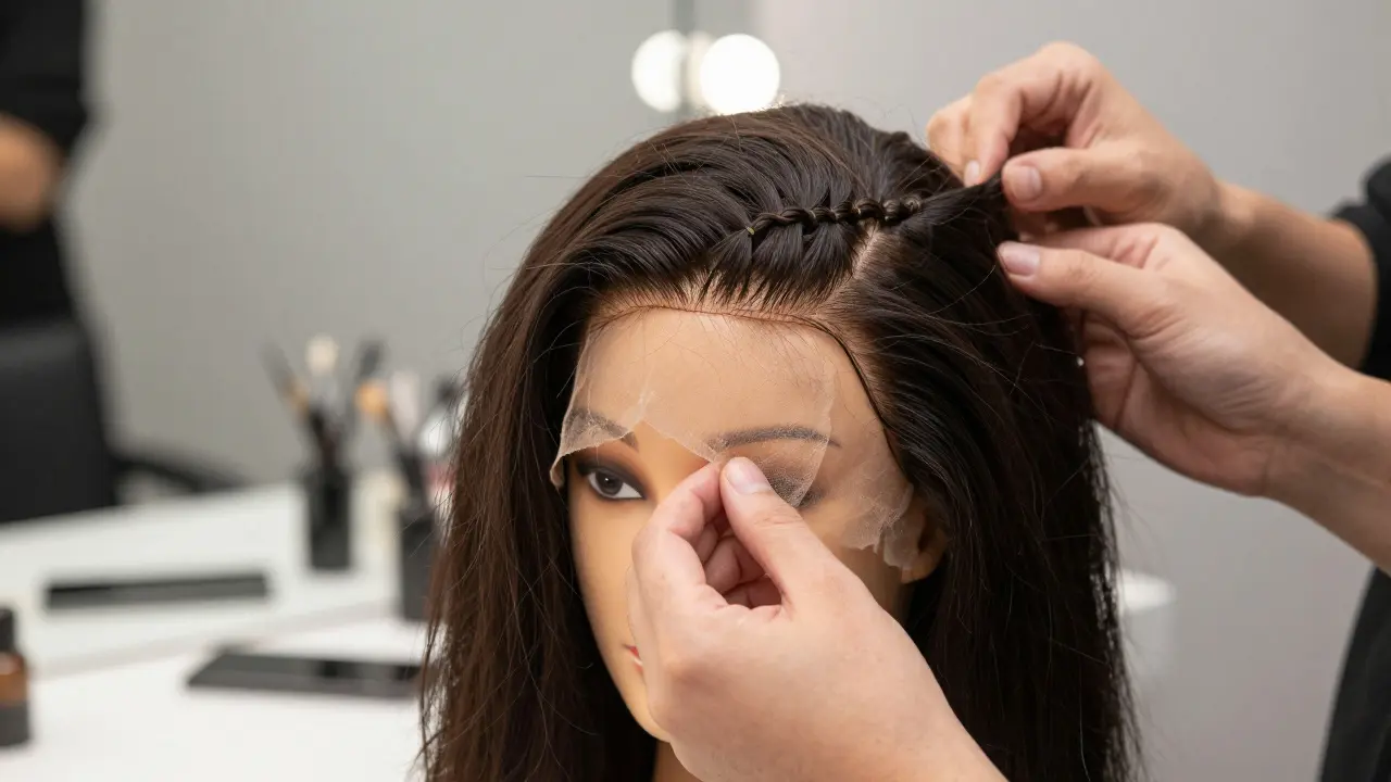 Close-up of a high-end lace front wig being adjusted by a stylist to show craftsmanship.